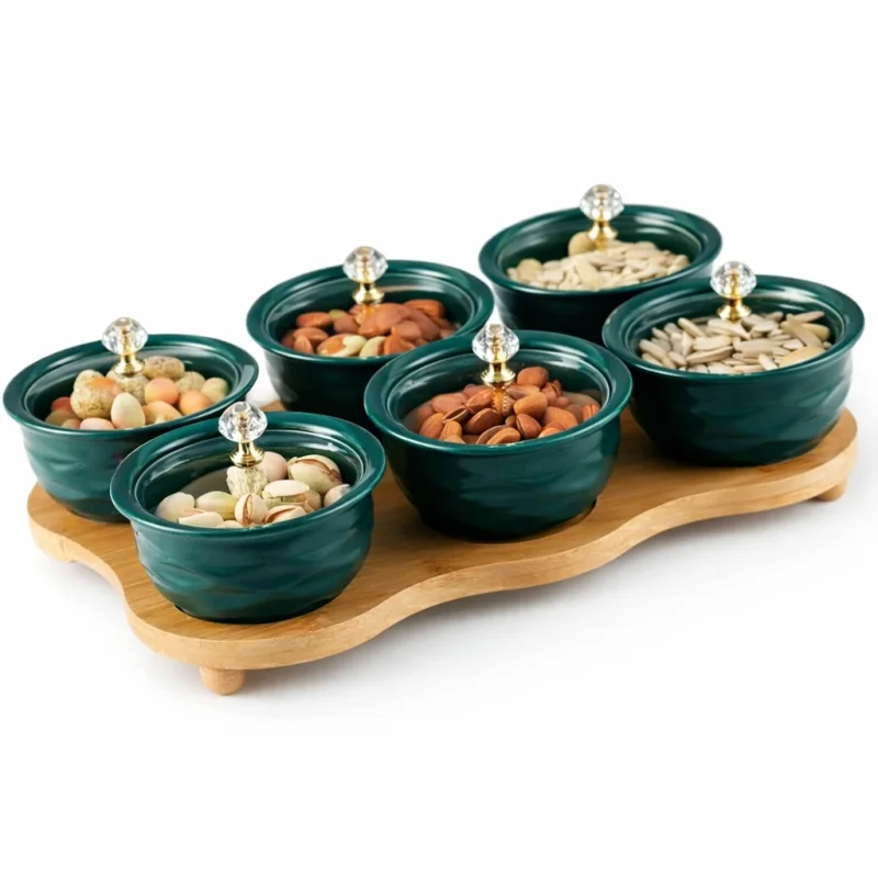 شيالة حلويات سيراميك مدور 6مطائب غطاء صحن تقديم خشب