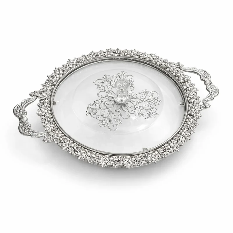 شيالة حلويات زنك ذهبي مدور غطاء زجاج