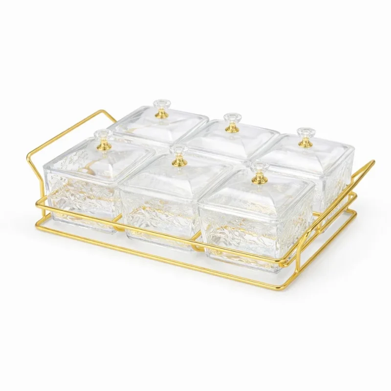 شيالة حلويات 6 مطائب مربع اكرليك كرستال غطاء قاعدة زنك