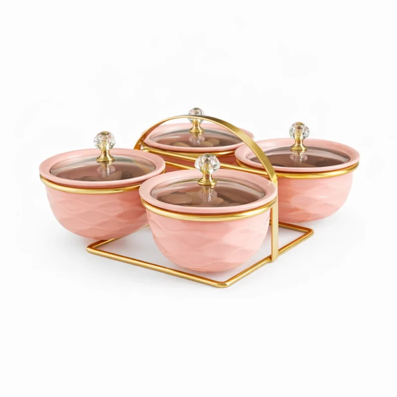 شيالة حلويات سيراميك مدور 4مطائب غطاء قاعدة زنك