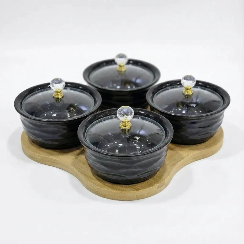 شيالة حلويات سيراميك مدور 4مطائب غطاء صحن تقديم خشب