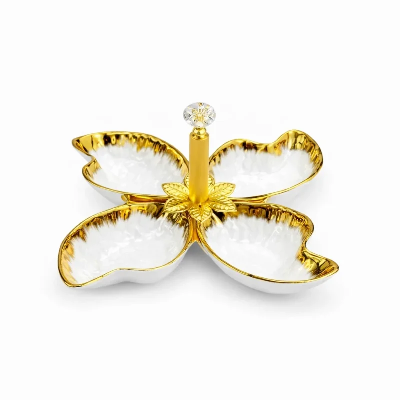 شيالة حلويات سيراميك ابيض خط ذهبي ورقة 4خ ممسك خشب